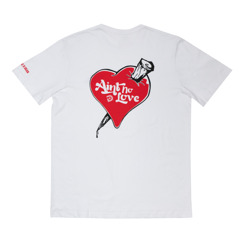"Aint No Love" Decade Edition white t-shirt with a striking red pierced heart graphic on the back.