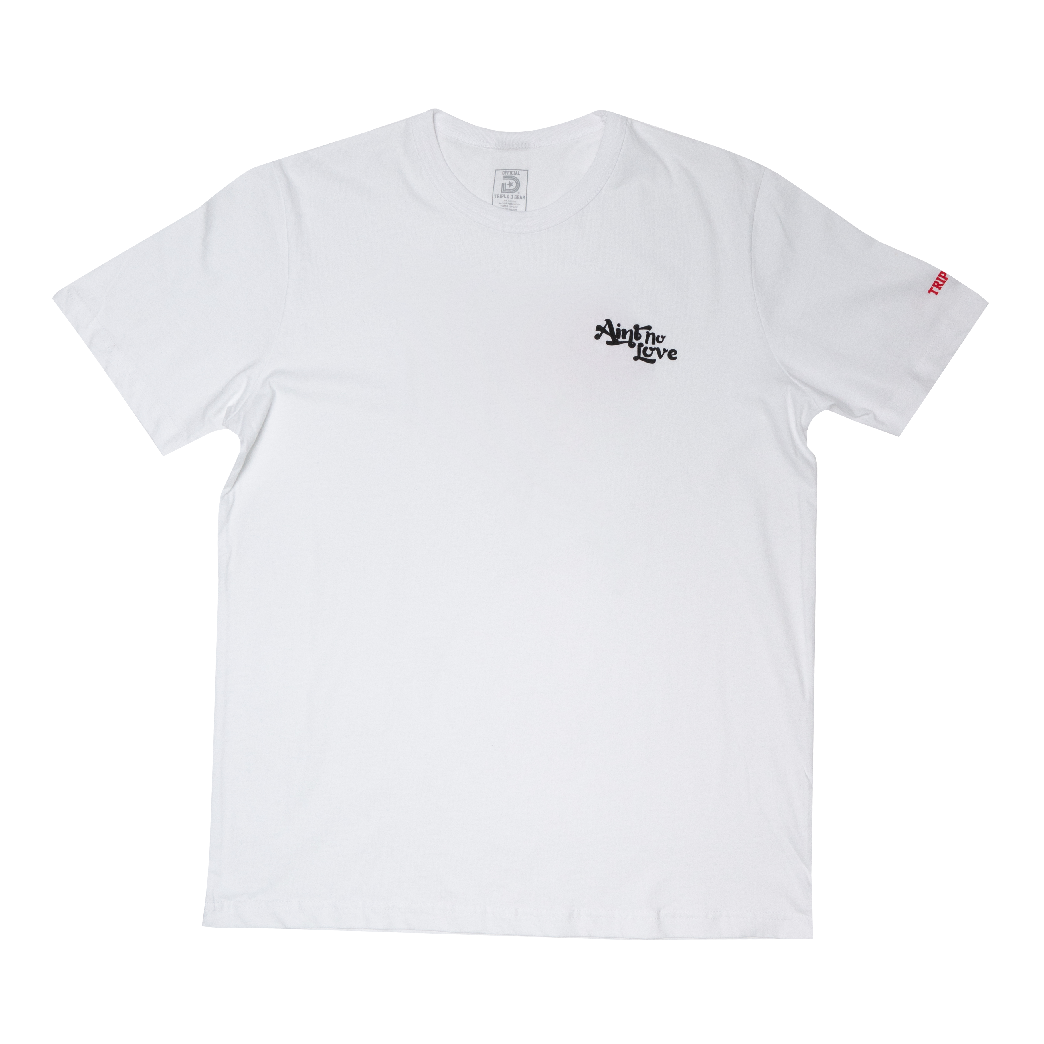 "Aint No Love" Decade Edition white t-shirt with a striking red pierced heart graphic on the back.